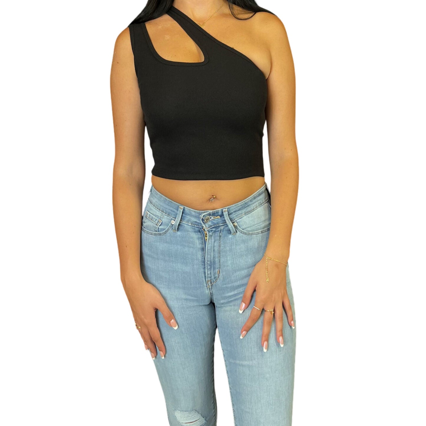 BRANDS & BEYOND Womens Tops M / Black One Shoulder Double Strap Crop Top