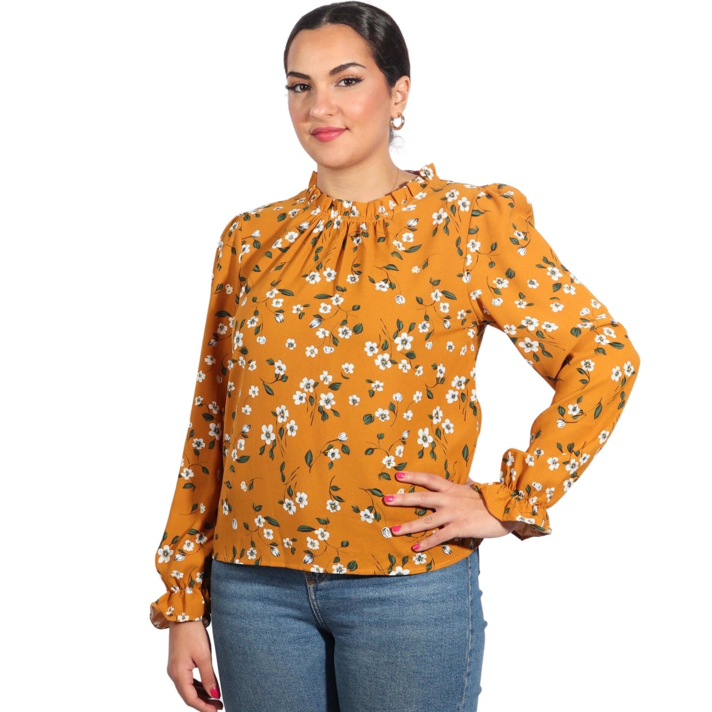 BRANDS & BEYOND Womens Tops M / Multi-Color Puff Sleeve Floral Blouse