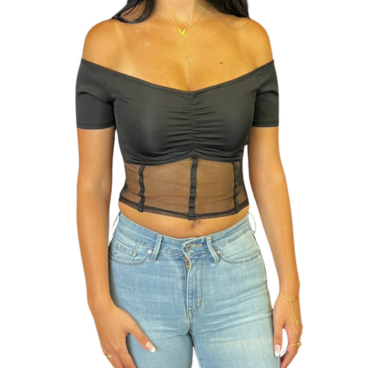 BRANDS & BEYOND Womens Tops M / Black Ruched Corset Cropped Top