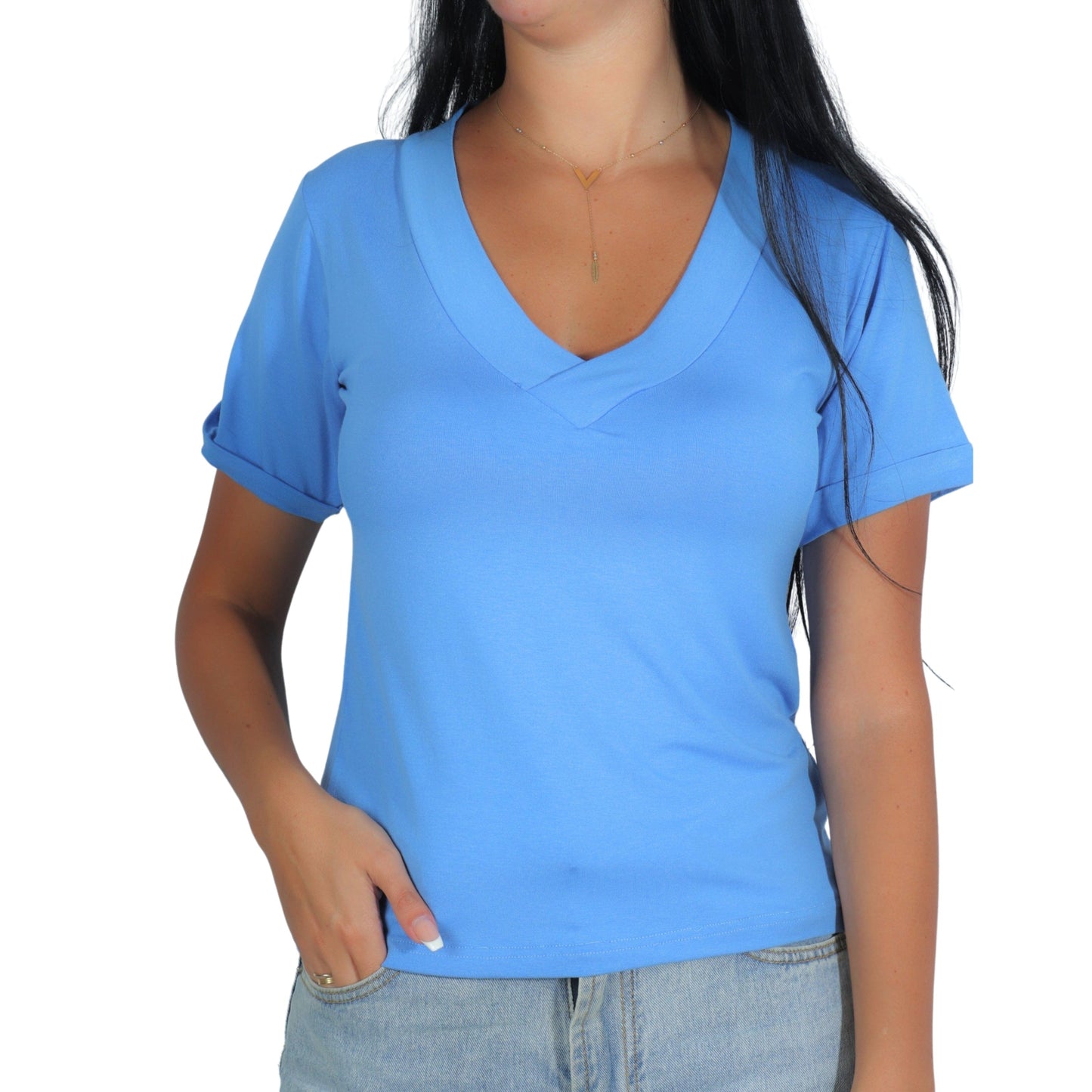 BRANDS & BEYOND Womens Tops M-L / Blue V Neck T-Shirt