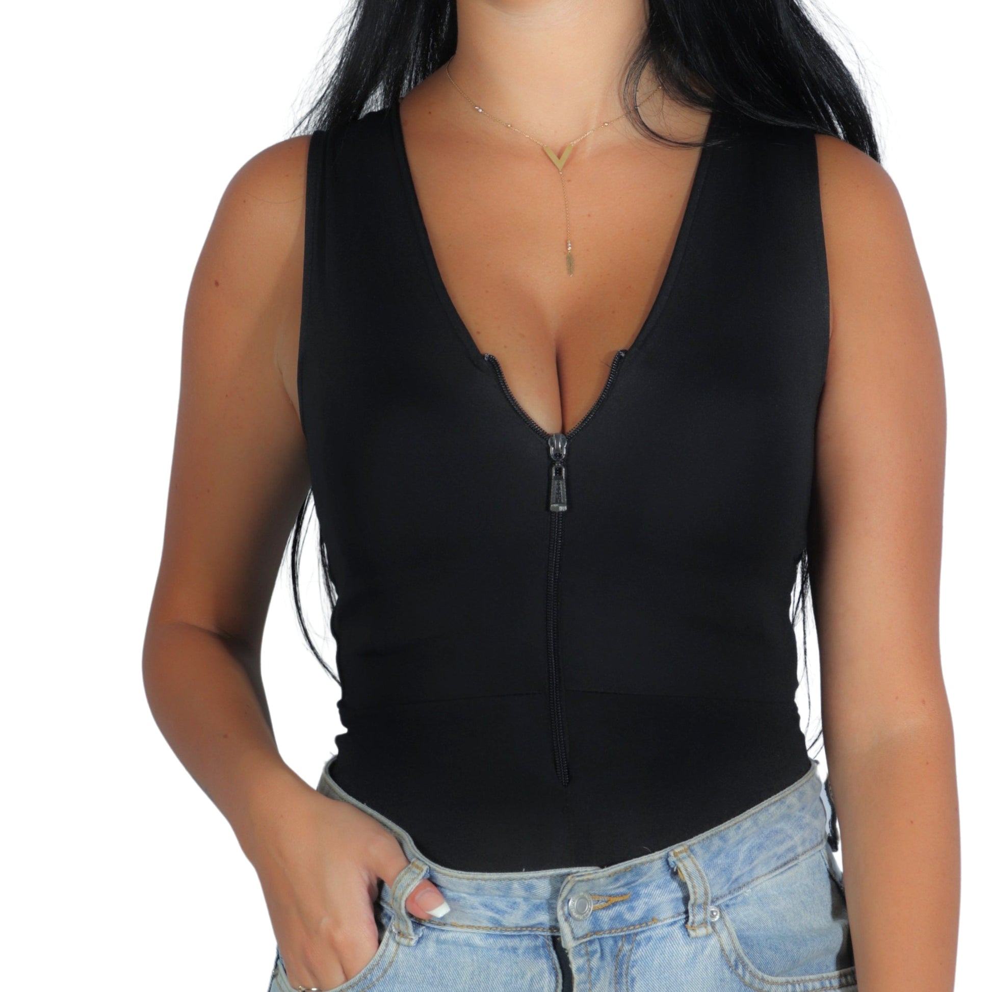 BRANDS & BEYOND Womens Tops S/M / Black Zippered Front Bodysuit