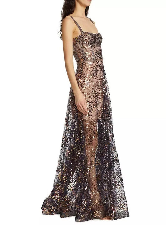 BRONX AND BANCO Womens Dress M / Multi-Color BRONX AND BANCO - Midnight Gold Sequin Sweetheart Evening Dress