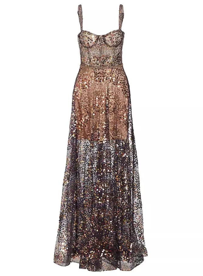 BRONX AND BANCO Womens Dress M / Multi-Color BRONX AND BANCO - Midnight Gold Sequin Sweetheart Evening Dress