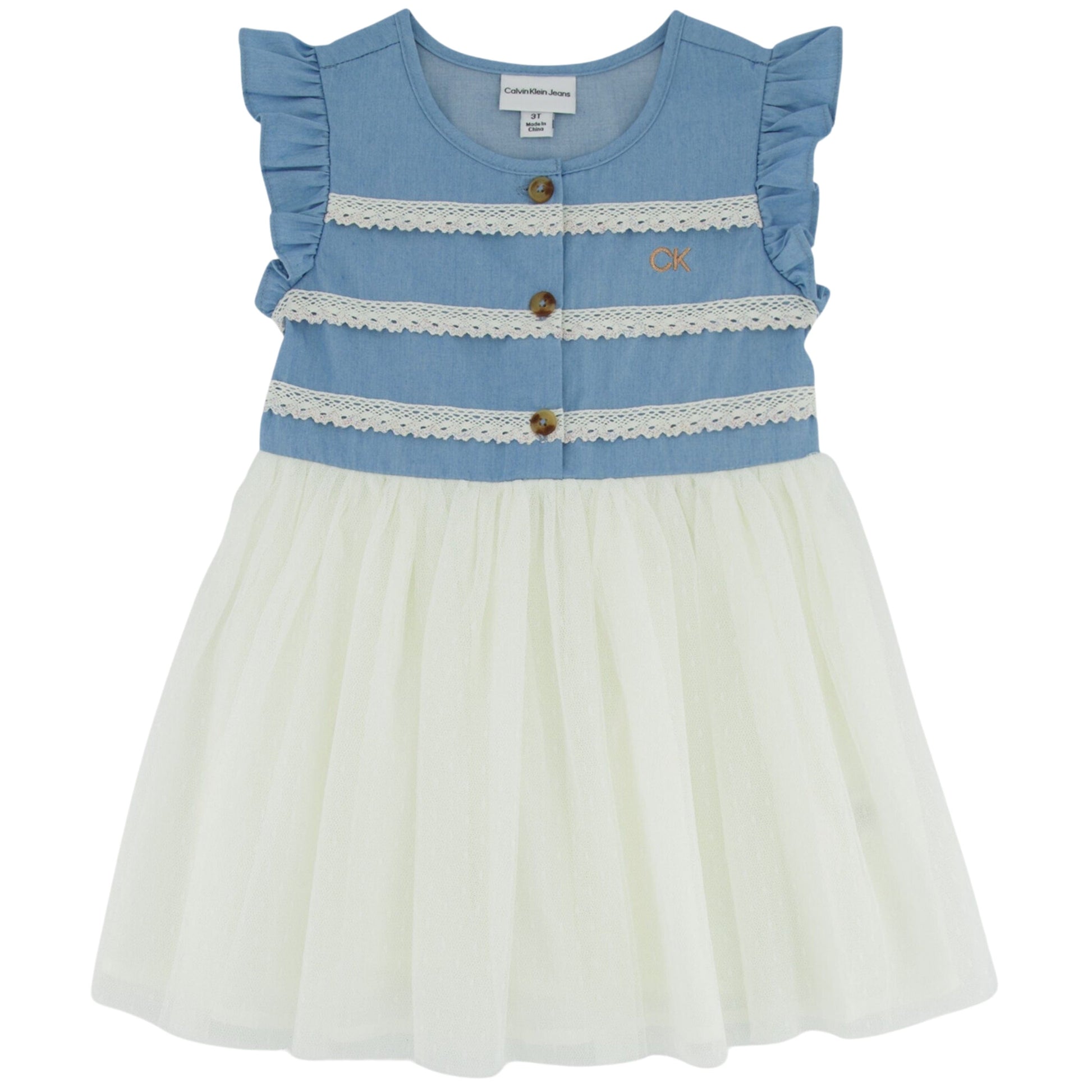 CALVIN KLEIN Baby Girl 12 Month / Multi-Color CALVIN KLEIN - BABY - Crochet-Trim Denim Mesh Dress