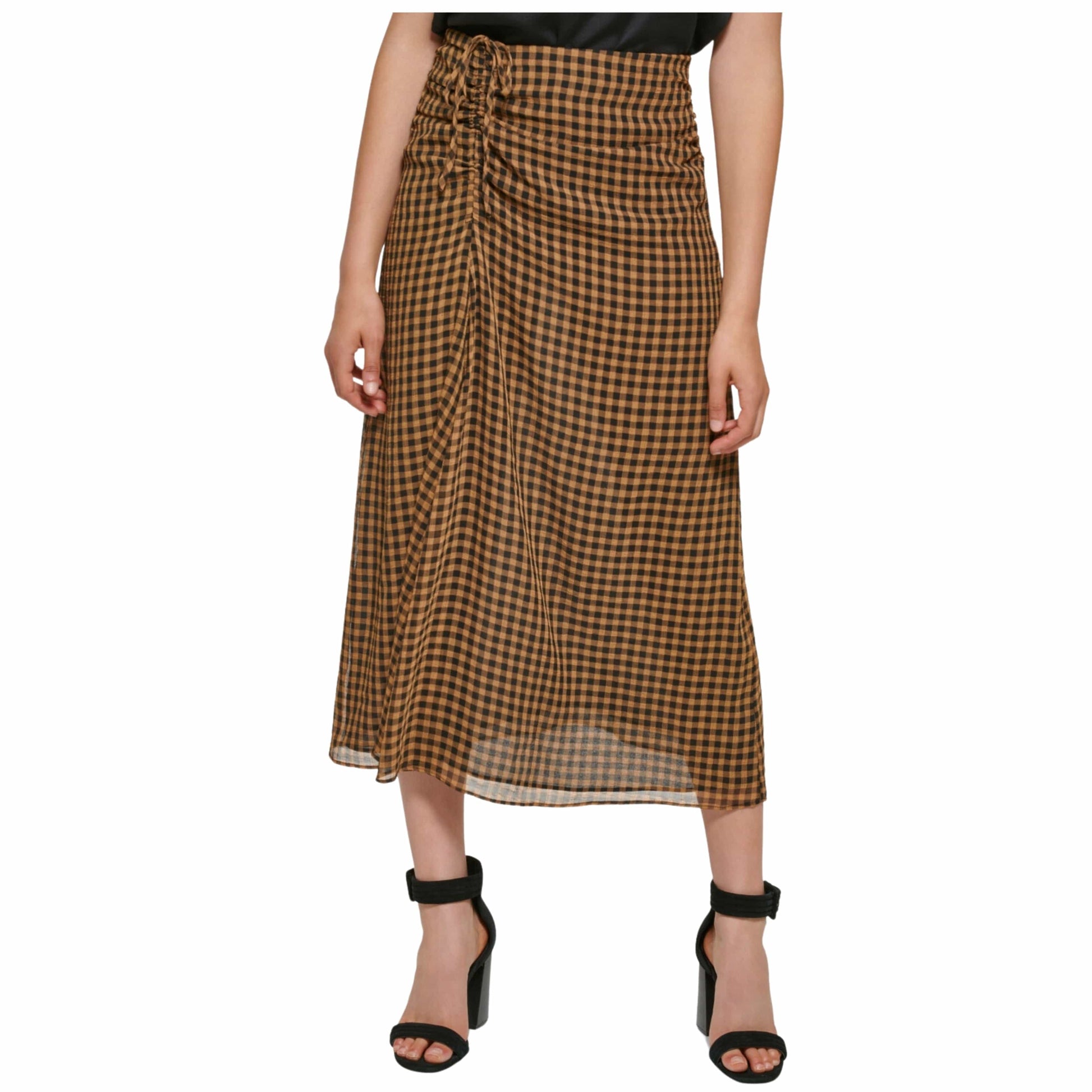 CALVIN KLEIN Womens Bottoms CALVIN KLEIN - Ruched Check Print MIDI Skirt