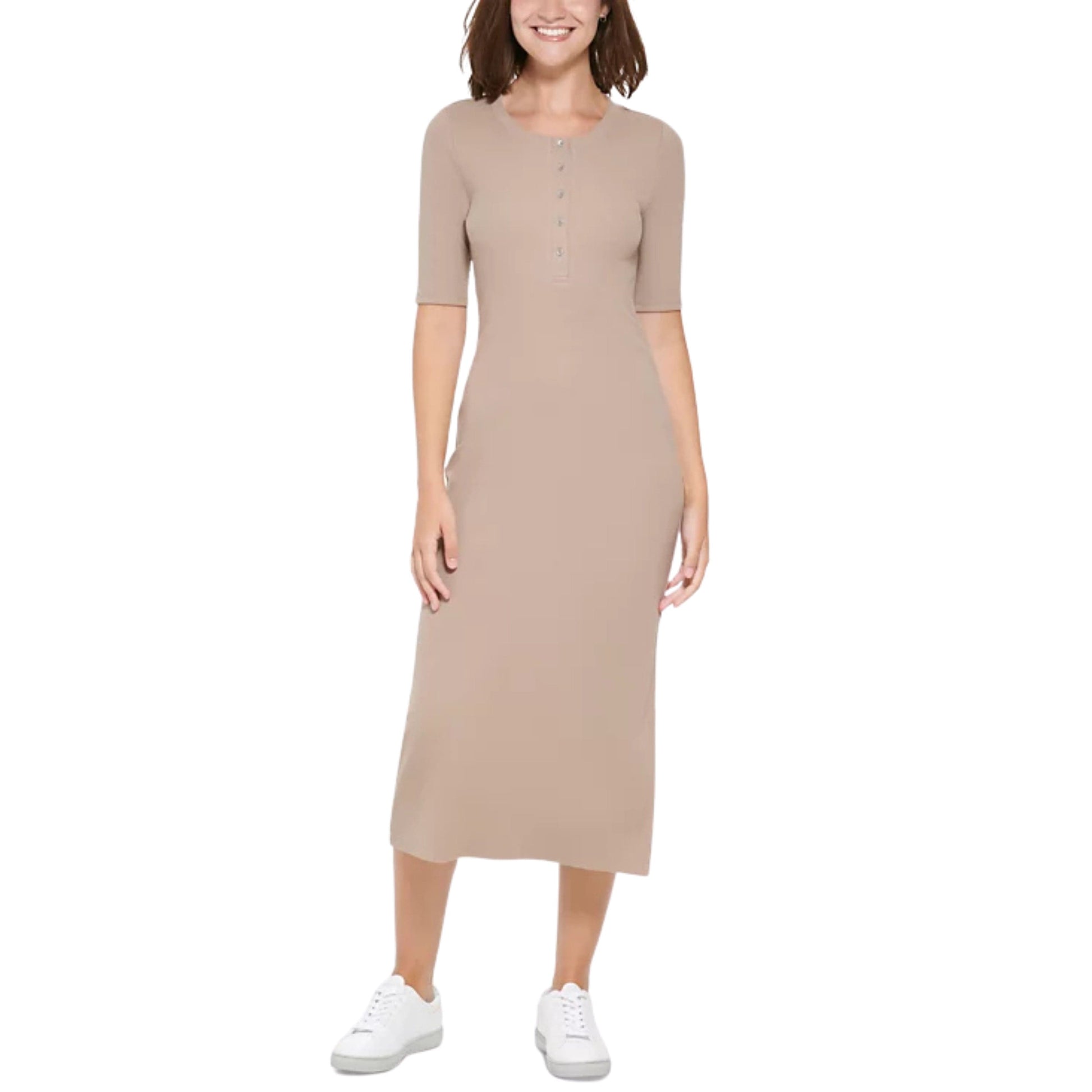 CALVIN KLEIN Womens Dress S / Brown CALVIN KLEIN - Ankle Length Ballet Sleeve Dress