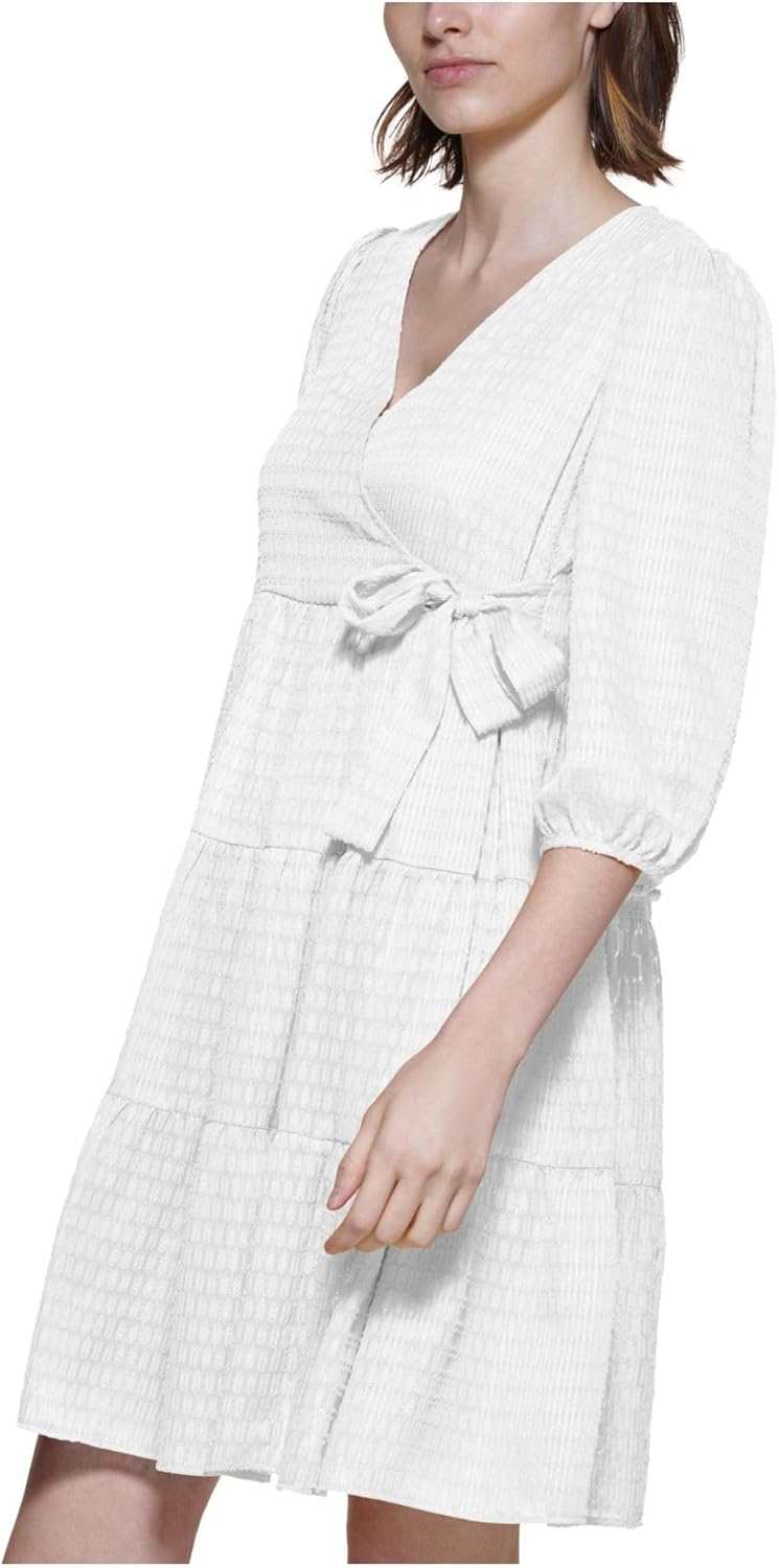 CALVIN KLEIN Womens Dress L / Off-White CALVIN KLEIN - Faux-Wrap A-Line Dress