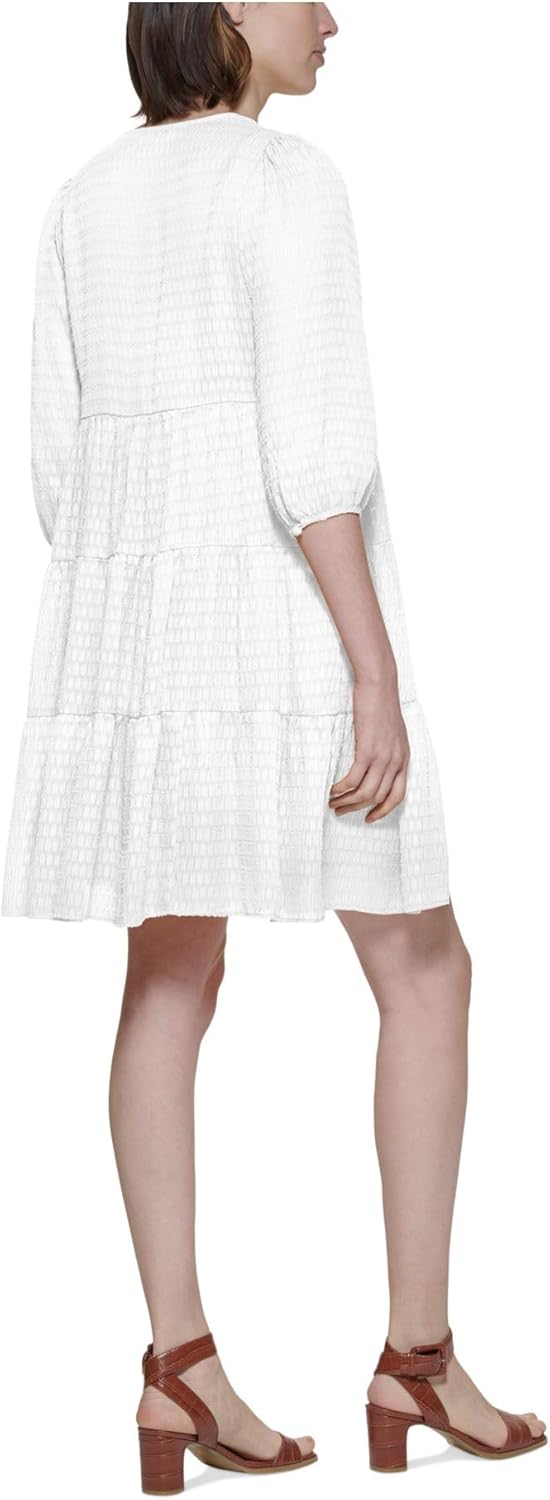 CALVIN KLEIN Womens Dress L / Off-White CALVIN KLEIN - Faux-Wrap A-Line Dress