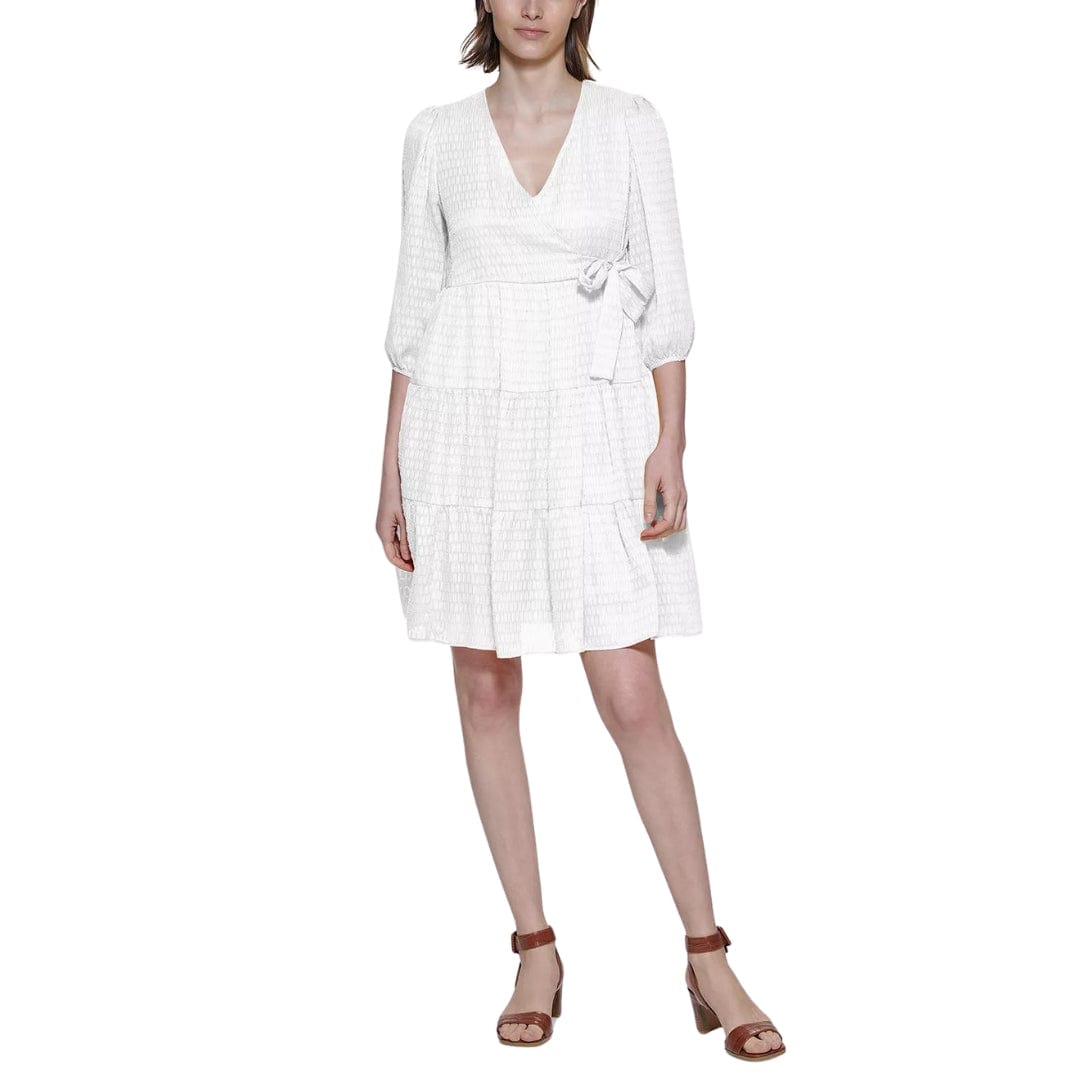 CALVIN KLEIN Womens Dress L / Off-White CALVIN KLEIN - Faux-Wrap A-Line Dress