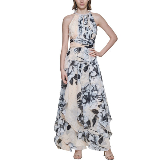 CALVIN KLEIN Womens Dress S / Multi-Color CALVIN KLEIN - Halter Neck Gown with Draped Front & Beading