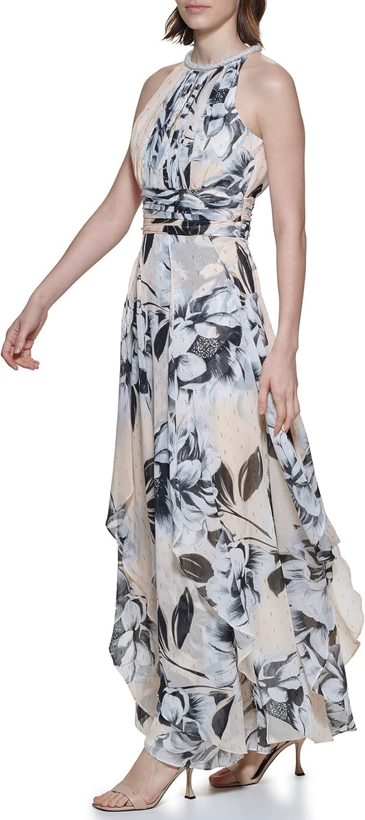 CALVIN KLEIN Womens Dress S / Multi-Color CALVIN KLEIN - Halter Neck Gown with Draped Front & Beading