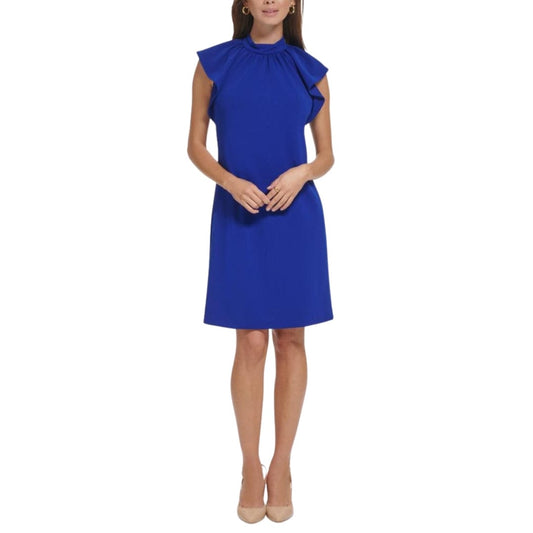 CALVIN KLEIN Womens Dress L / Blue CALVIN KLEIN - Zippered Unlined Gathered Mock Neck Shift Dress