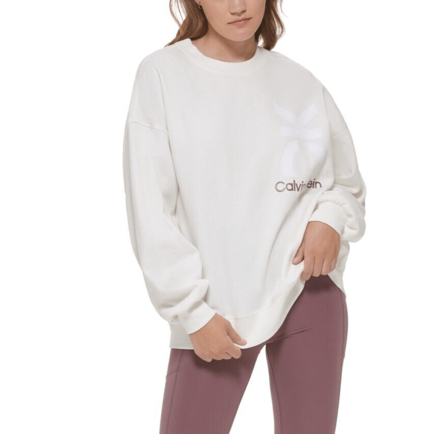CALVIN KLEIN Womens Tops M / White CALVIN KLEIN - Blouson-Sleeve Oversized Logo Sweatshirt
