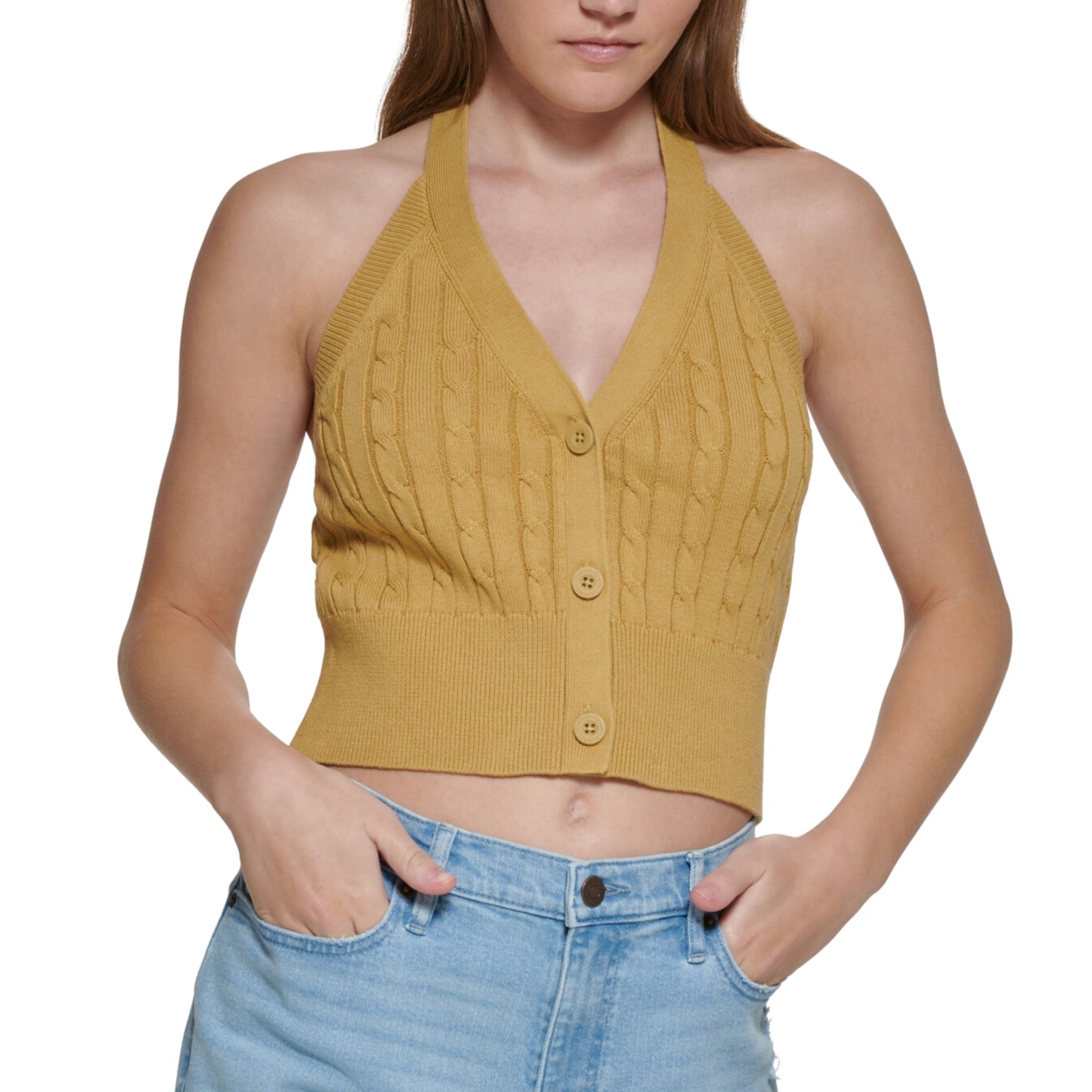 CALVIN KLEIN Womens Tops M / Yellow CALVIN KLEIN - Cable-Knit Cotton Halter Top