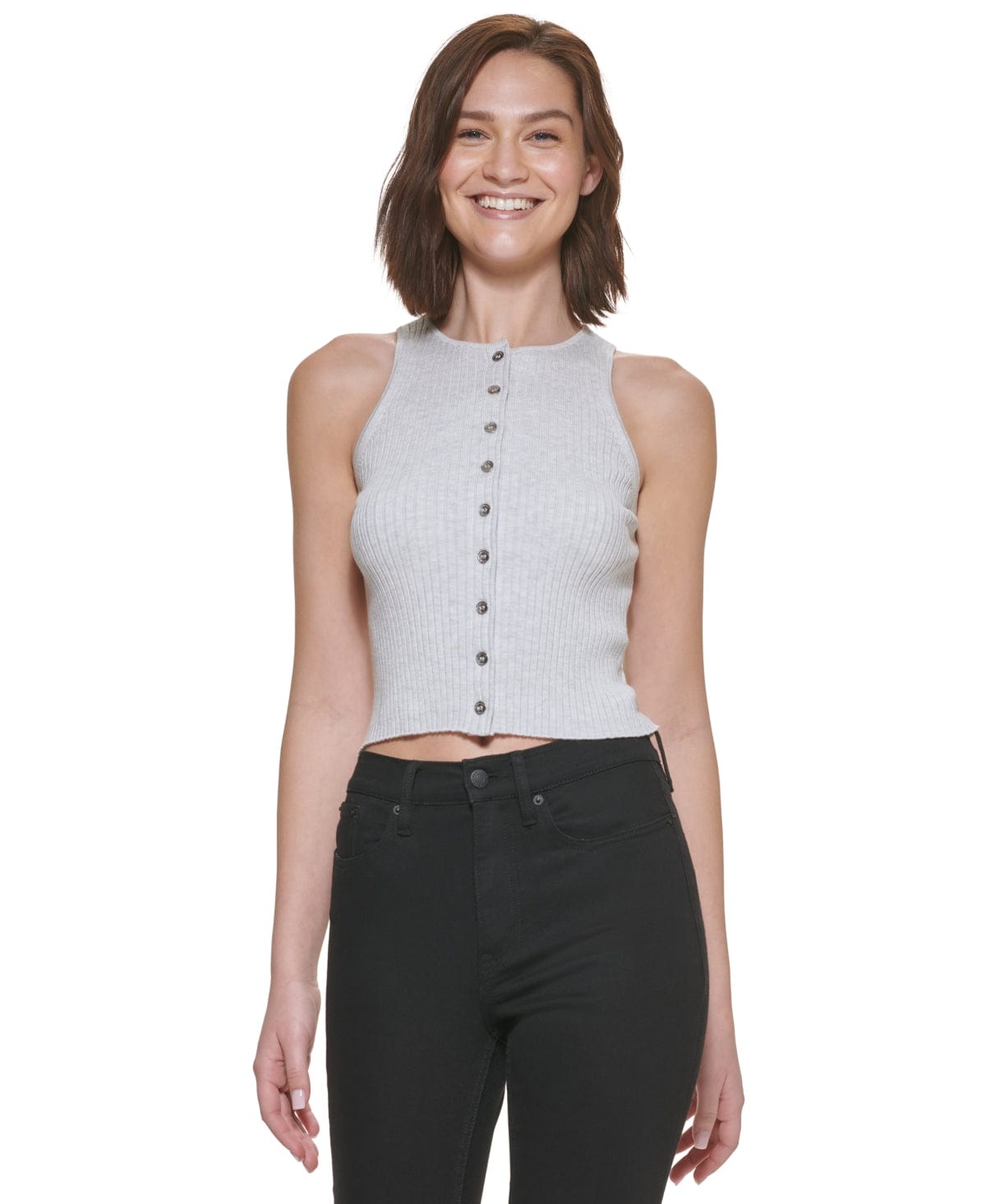 CALVIN KLEIN Womens Tops L / Grey CALVIN KLEIN - Ribbed Button-Down Sleeveless Top// DUPLICATE