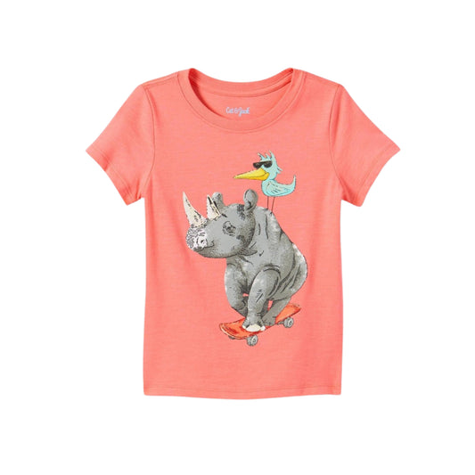 CAT & JACK Girls Tops XS / Coral CAT & JACK - Rhino and Bird Skateboard Graphic Short Sleeve T-Shirt