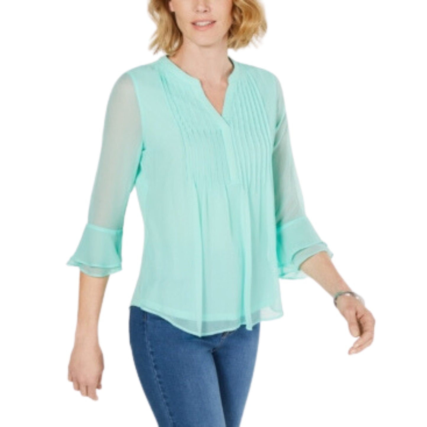 CHARTER CLUB Womens Tops Petite XS / Green CHARTER CLUB - Double Ruffle Solid Pintuck Top