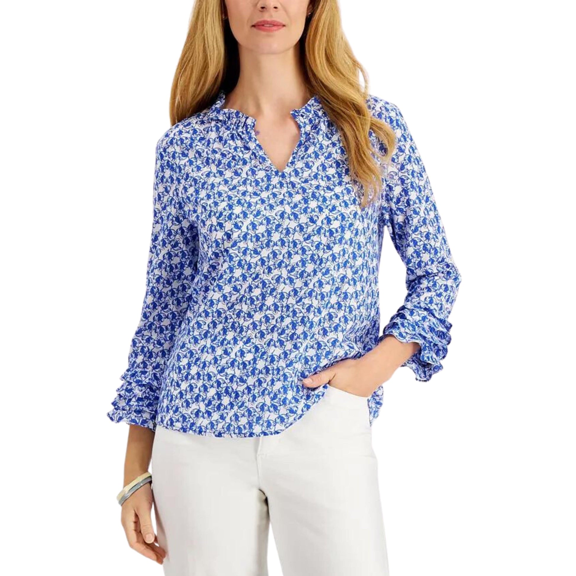 CHARTER CLUB Womens Tops Petite XXS / Blue CHARTER CLUB - Printed Ruffled-Cuff Top