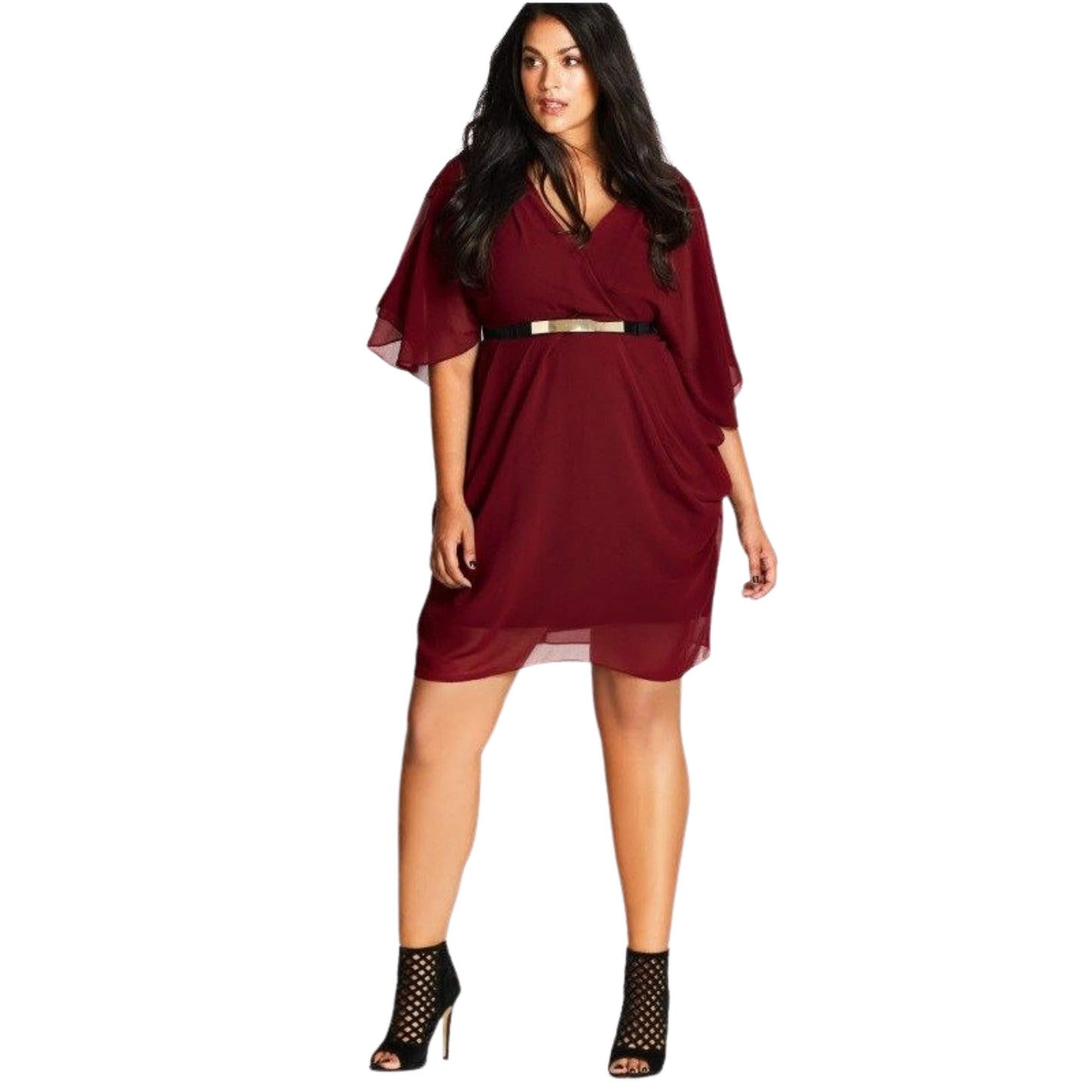 CITY CHIC Womens Dress XS / Burgundy CITY CHIC -  Belted Faux Wrap Dress