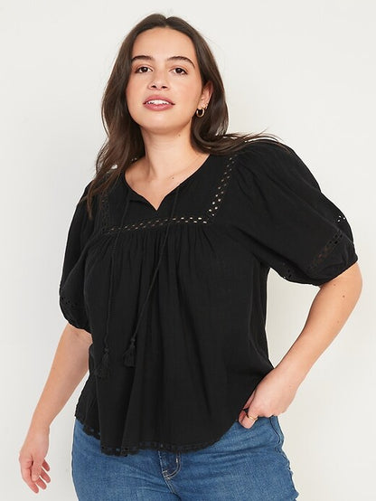 OLD NAVY - Elbow-Length Lace-Trimmed Poet Blouse