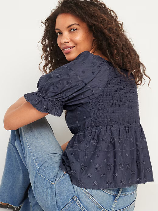OLD NAVY - Puff-Sleeve Smocked Embroidered Blouse