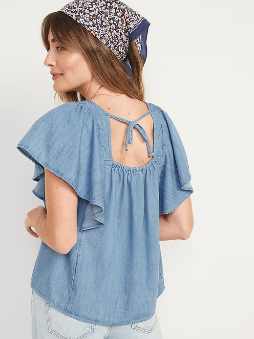 OLD NAVY - Flutter-Sleeve Jean Swing Blouse
