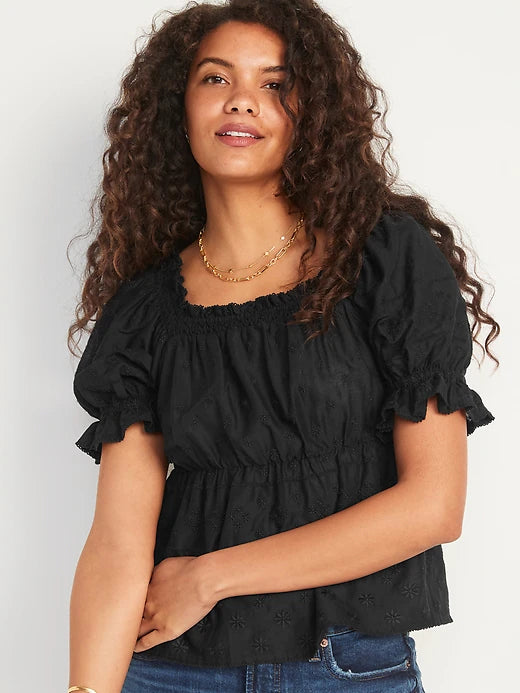 OLD NAVY - Puff-Sleeve Smocked Embroidered Blouse