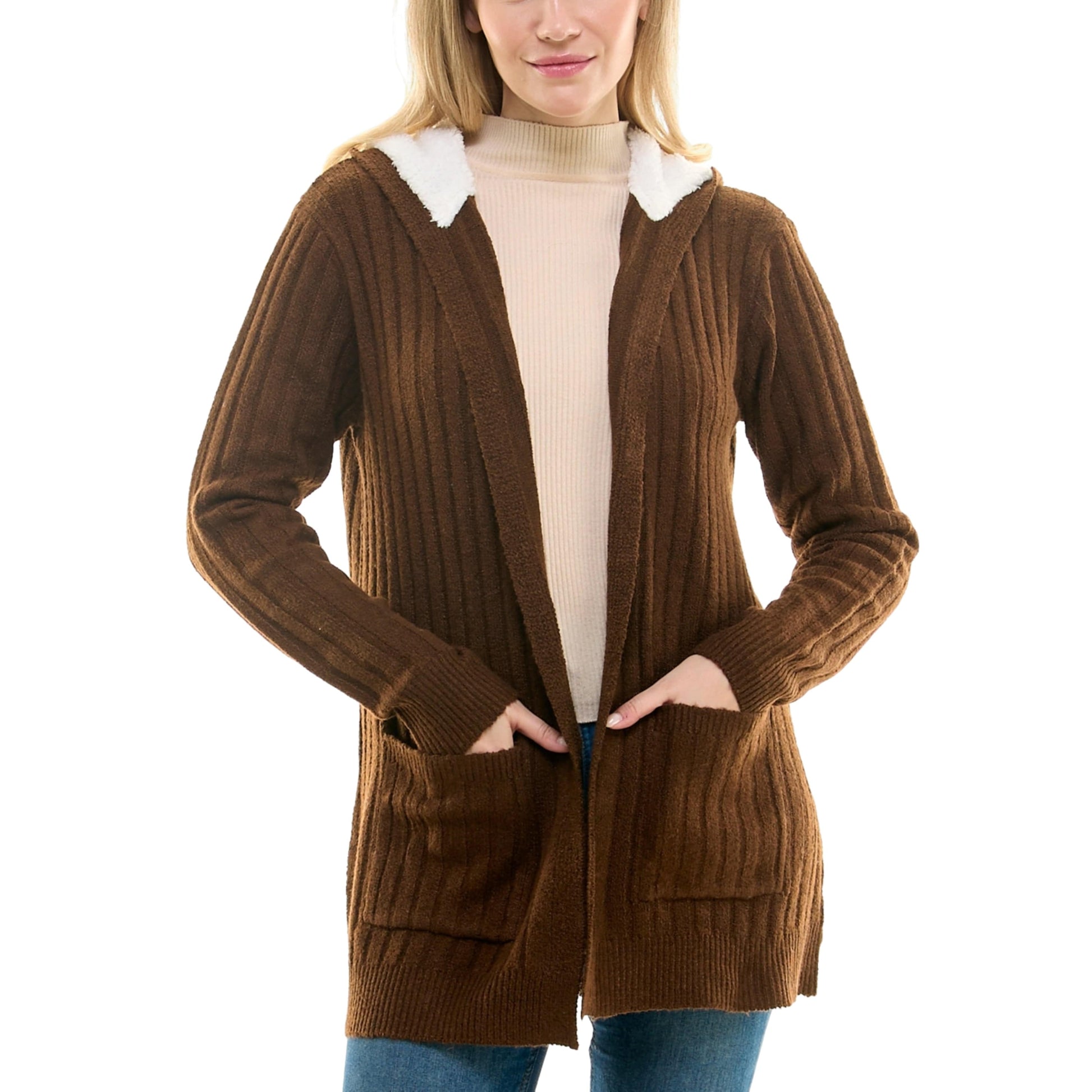 CRAVE FAME Womens Jackets M / Brown CRAVE FAME - Cozy Knit Sherpa Trim Cardigan