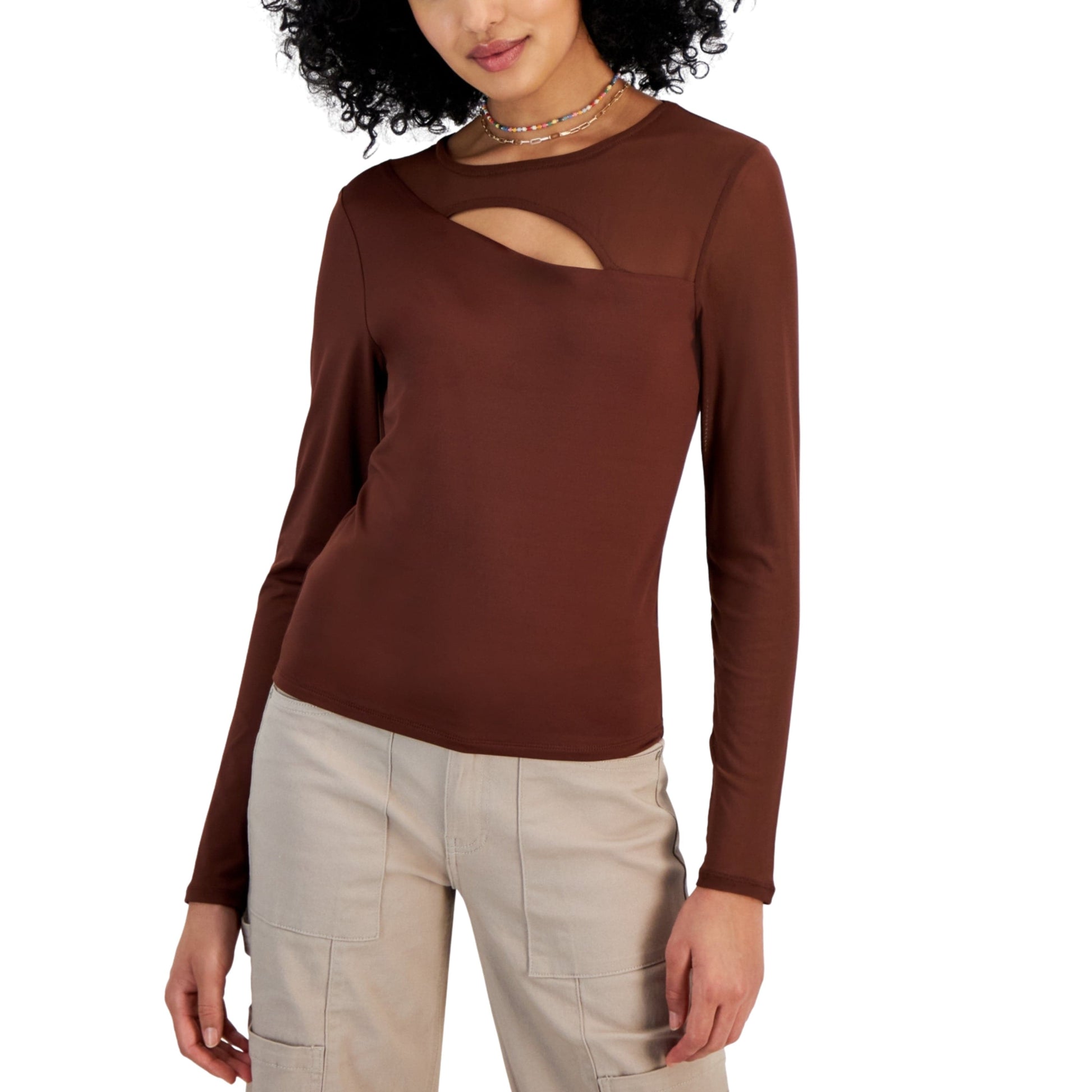 CRAVE FAME Womens Tops L / Brown CRAVE FAME - Asymmetrical Mesh Long-Sleeve Top