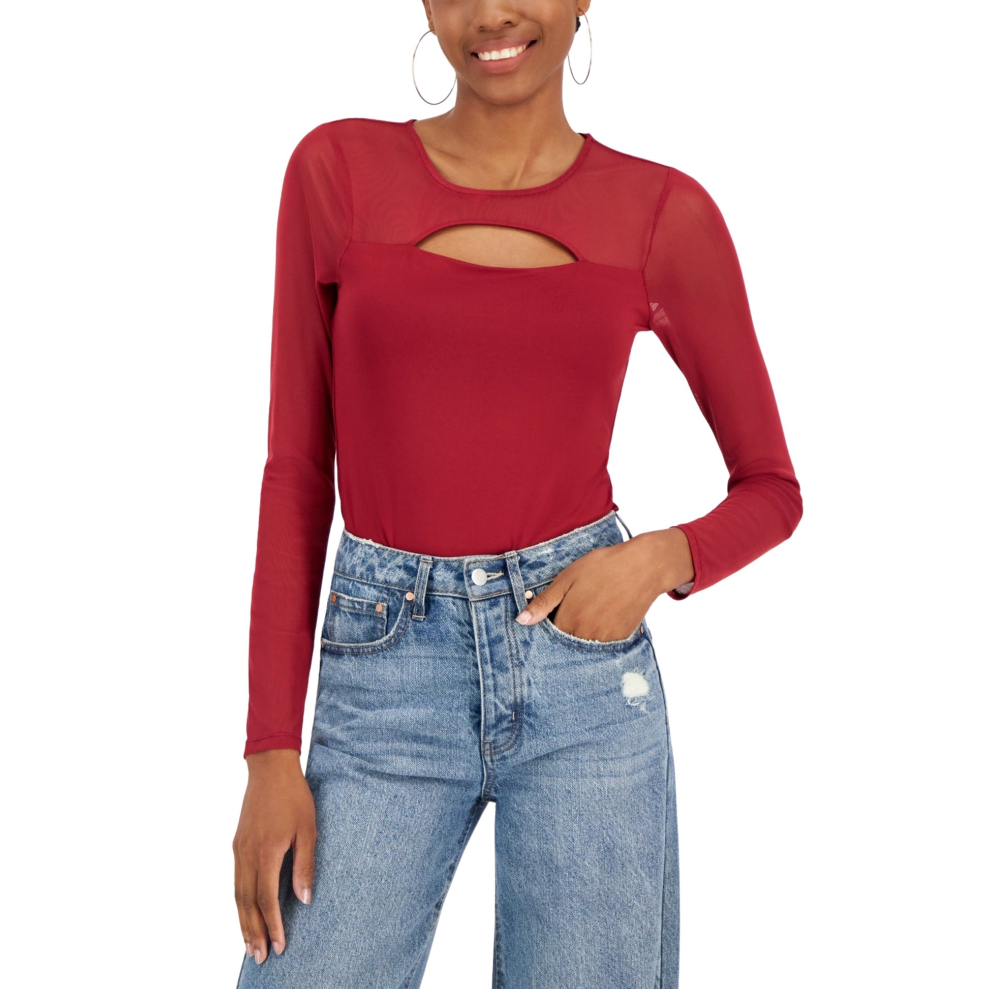 CRAVE FAME Womens Tops XS / Red CRAVE FAME - Cutout Illusion Mesh Bodysuit