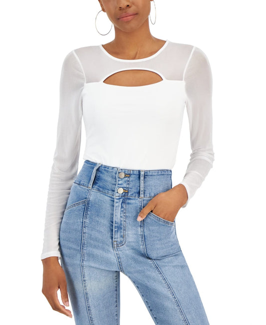 CRAVE FAME Womens Tops S / White CRAVE FAME - Cutout Illusion Mesh Bodysuit