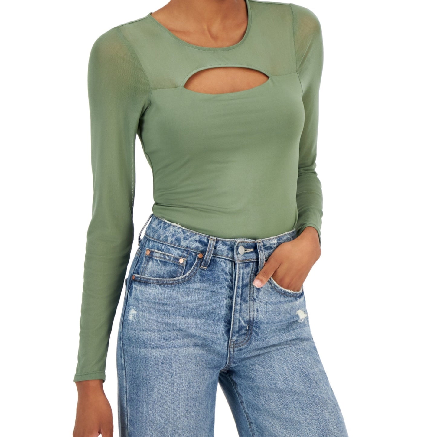 CRAVE FAME Womens Tops XS / Green CRAVE FAME - Cutout Illusion Mesh Bodysuit