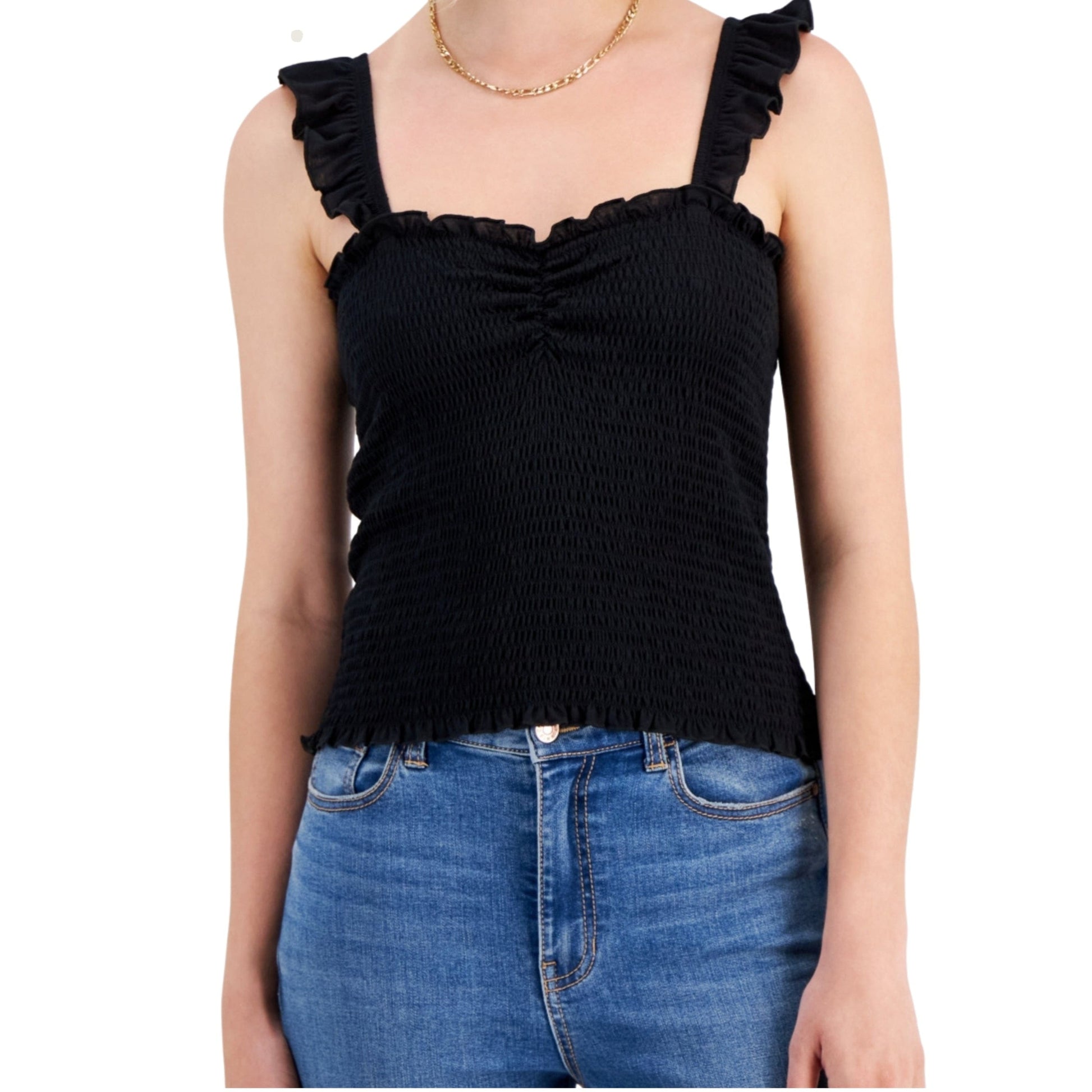 CRAVE FAME Womens Tops L / Black CRAVE FAME -  Flutter-Strap Smocked Cinch-Neck Tank Top