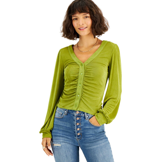 CRAVE FAME Womens Tops M / Green CRAVE FAME - Ruched-Front Blouson-Sleeve Blouse