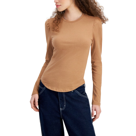 DEREK HEART Womens Tops S / Brown DEREK HEART - Crewneck Puff-Shoulder Long-Sleeve Top