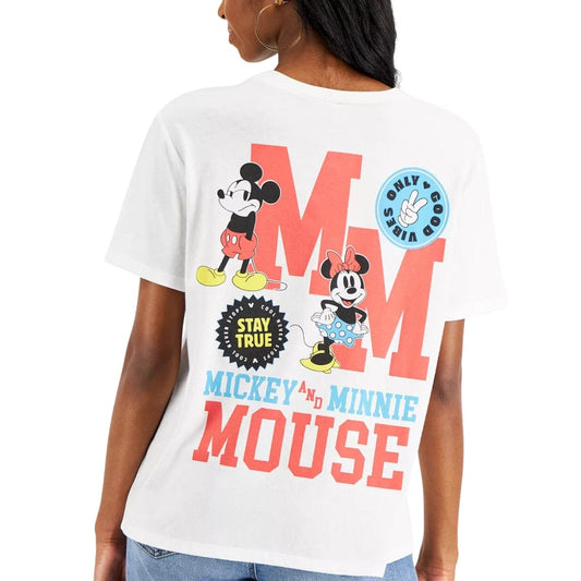 DISNEY Womens Tops XS / White DISNEY - Mickey & Minnie Front And Back Graphic T-Shirt
