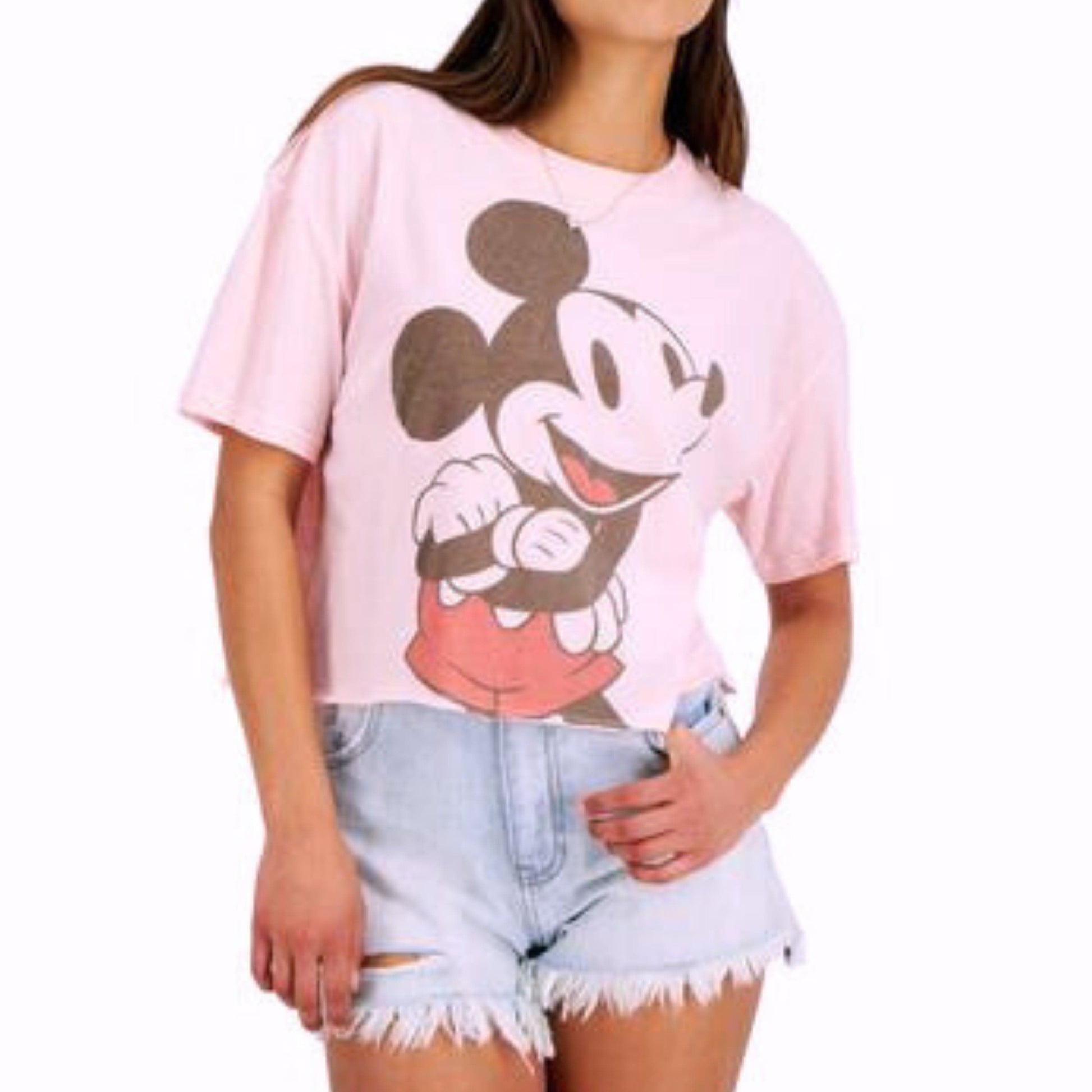 DISNEY Womens Tops M / Pink DISNEY - Mickey Mouse Cropped Graphic-Print T-Shirt