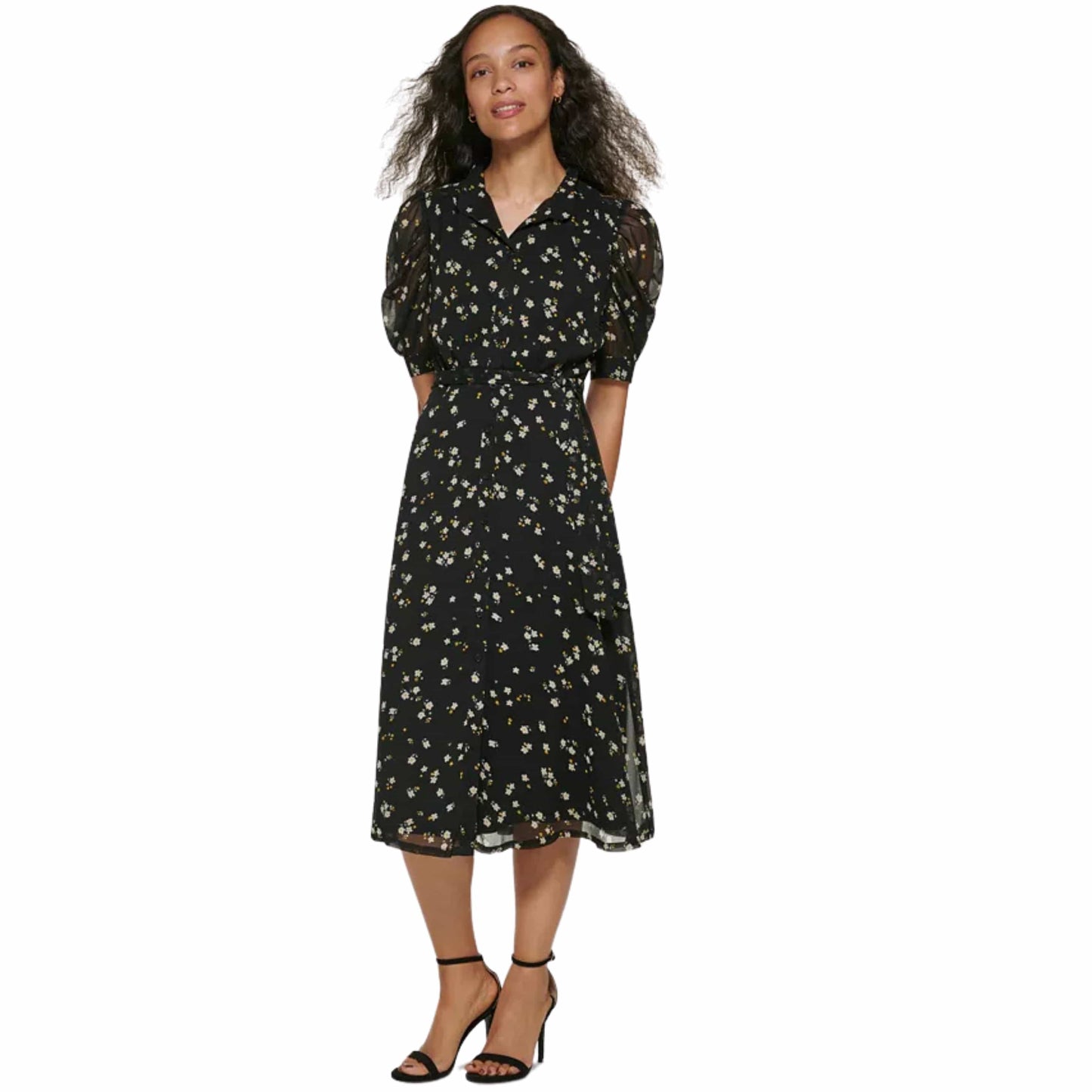 DKNY Womens Dress M / Black DKNY - Floral Puff Sleeve Midi Dress