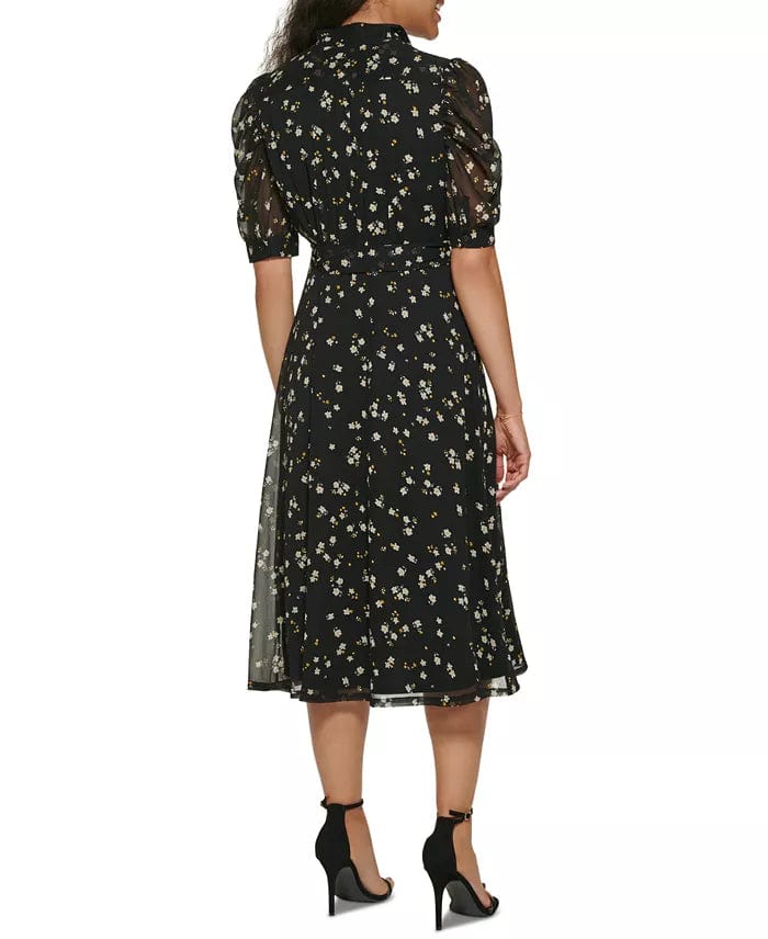 DKNY Womens Dress M / Black DKNY - Floral Puff Sleeve Midi Dress