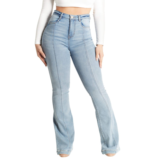 DOLLHOUSE Womens Bottoms XS / Blue DOLLHOUSE - Seam-Front Flare-Leg High-Rise Jeans