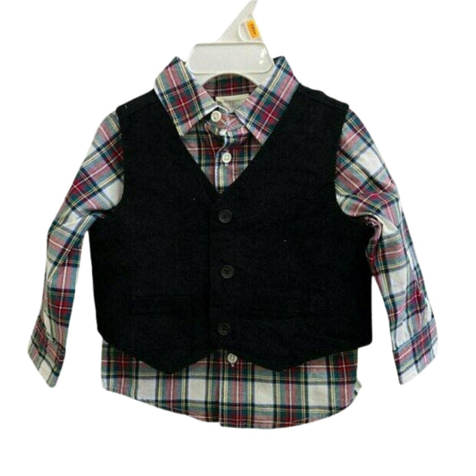 FIRST IMPRESSIONS Baby Boy 0-3 Month / Multi-Color FIRST IMPRESSIONS - Plaid baby shirt and vest 2 piece set