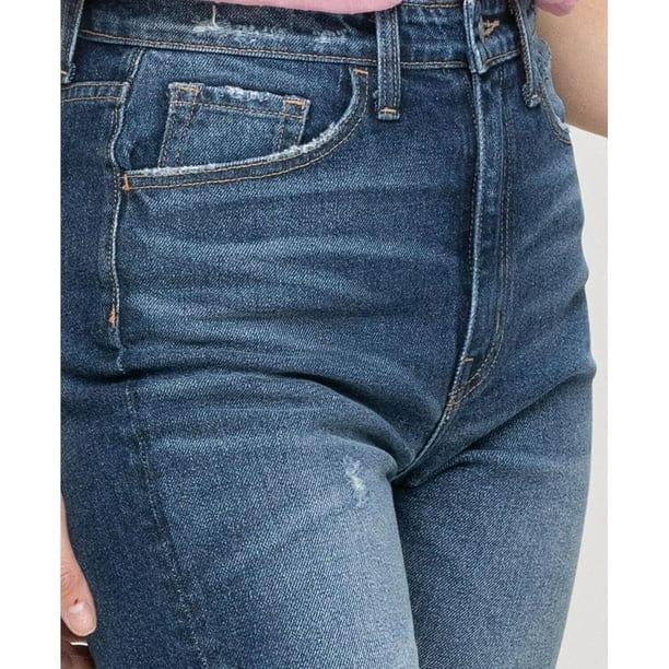 FLYING MONKEY Womens Bottoms XS / Blue FLYING MONKEY - Super High Rise Distressed Hem Straight Jeans