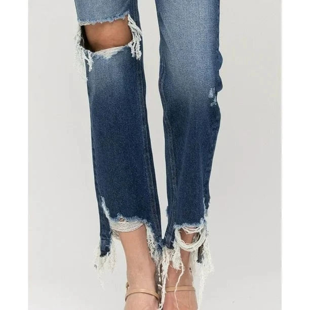 FLYING MONKEY Womens Bottoms XS / Blue FLYING MONKEY - Super High Rise Distressed Hem Straight Jeans