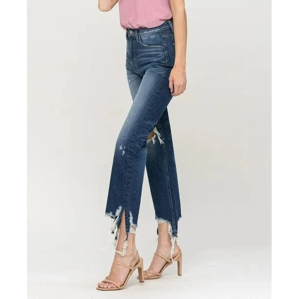 FLYING MONKEY Womens Bottoms XS / Blue FLYING MONKEY - Super High Rise Distressed Hem Straight Jeans