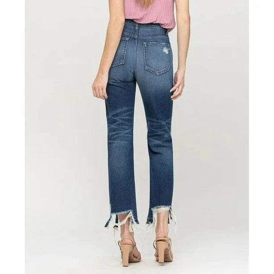 FLYING MONKEY Womens Bottoms XS / Blue FLYING MONKEY - Super High Rise Distressed Hem Straight Jeans