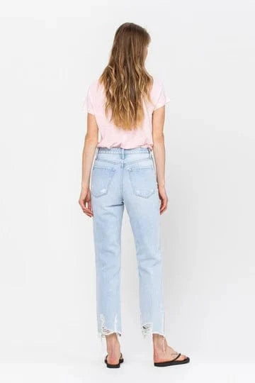 FLYING MONKEY Womens Bottoms S / Blue FLYING MONKEY - Super High Rise Distressed Raw Hem Cropped Straight Jeans