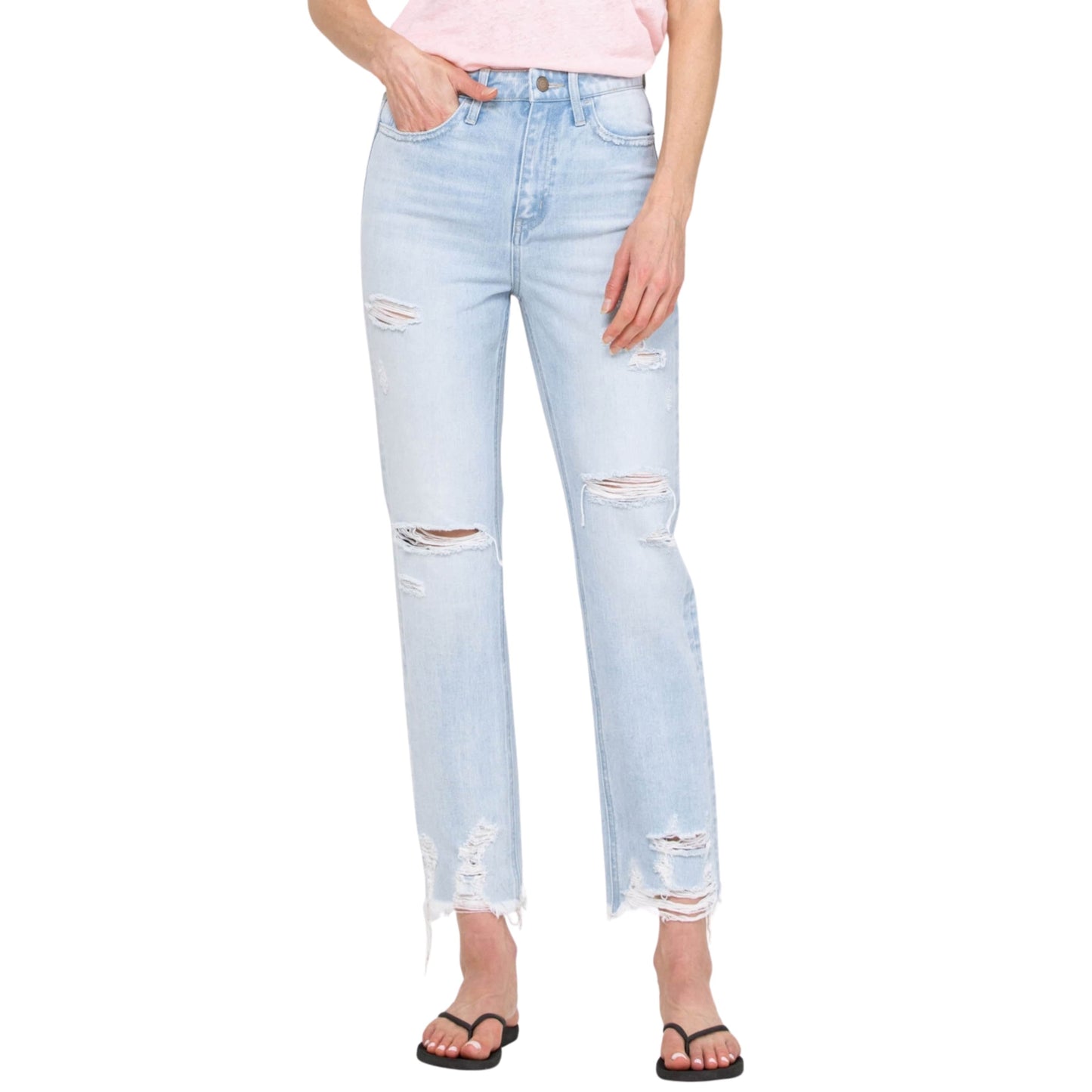 FLYING MONKEY Womens Bottoms S / Blue FLYING MONKEY - Super High Rise Distressed Raw Hem Cropped Straight Jeans