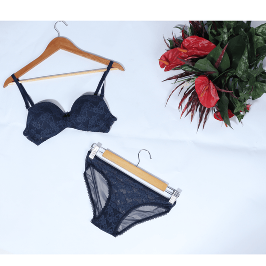GEBI Womens Underwear 85 / Navy GEBI -  Lace Balconette Bra Set
