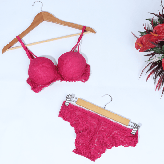 GEBI Womens Underwear 80 / Pink GEBI - Solid Lace Bra& Brief Set