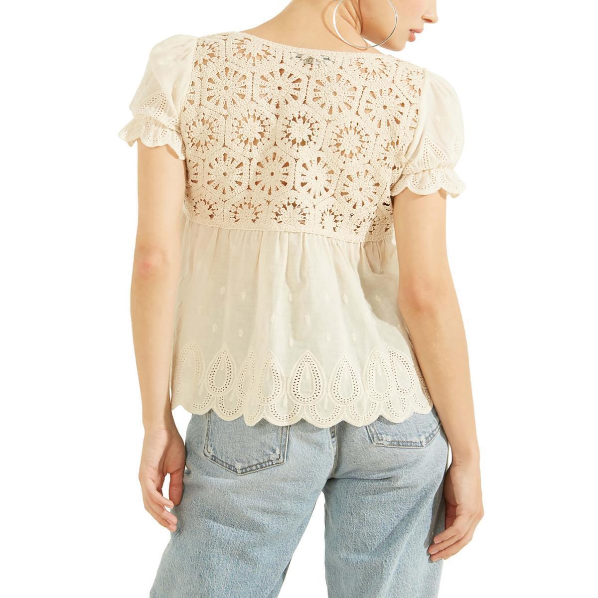 GUESS Womens Tops XS / Beige GUESS - Crochet Scoop Neck Pullover Top